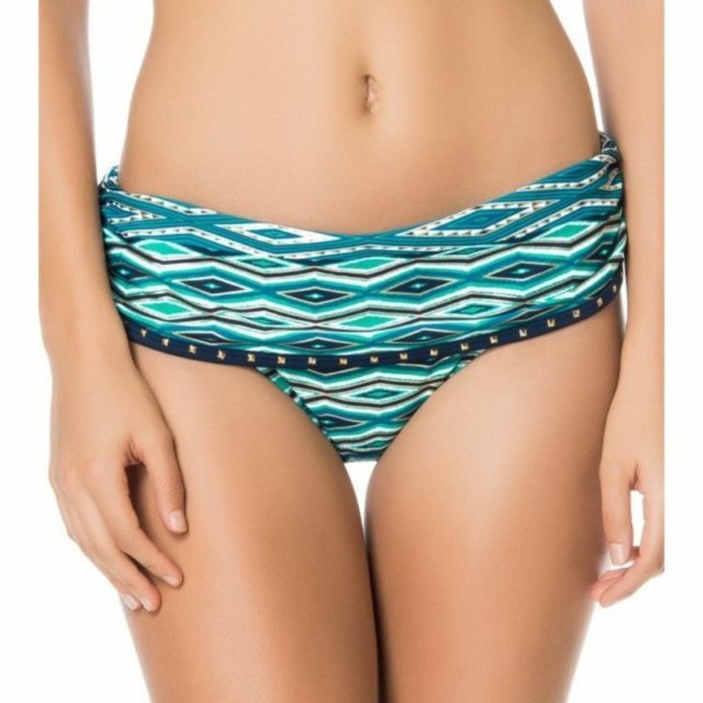 NWT Jessica Simpson Swimsuit Bikini Skirted Bottom Sz S Navy Multi Fold Over